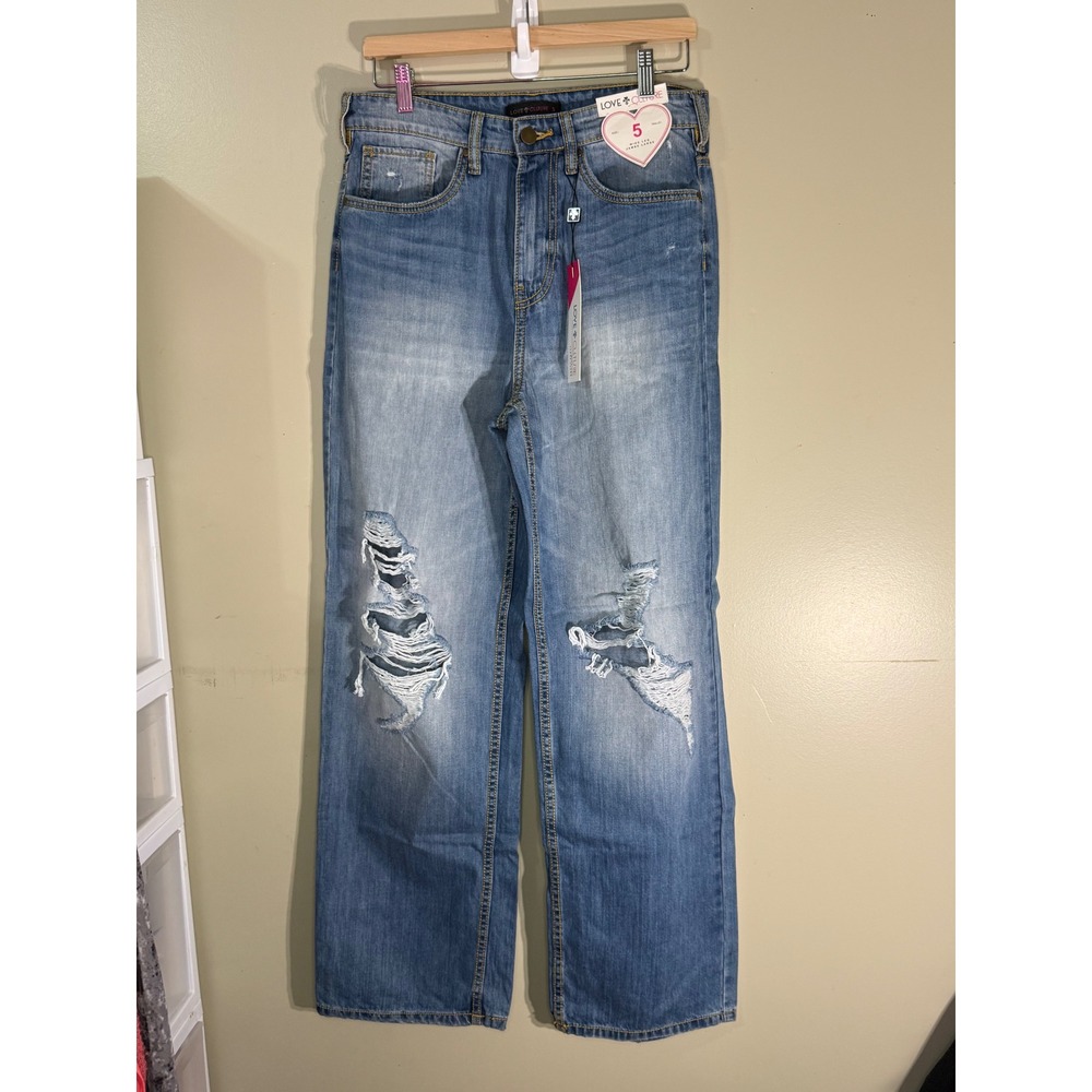 Love Culture Playback Wide Leg Distressed Ripped Jeans Light Wash Blue 5 NWT